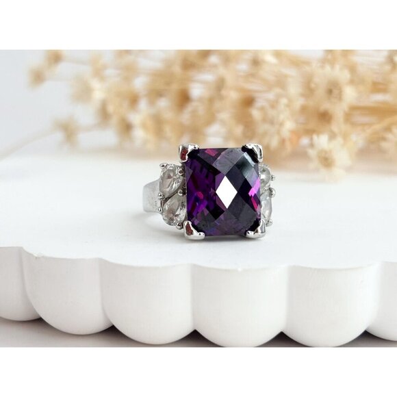 Purple Cubic Zirconia Sterling Silver Multi Gemstone Vintage Ring - sz 9 - Picture 10 of 10